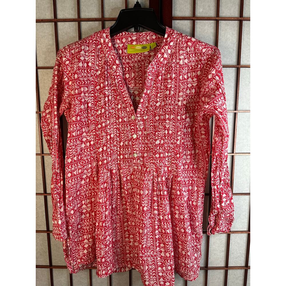 Rock Flower Paper Womens Pintuck Cotton Tunic Top Small 3/4 Sleeve red and white